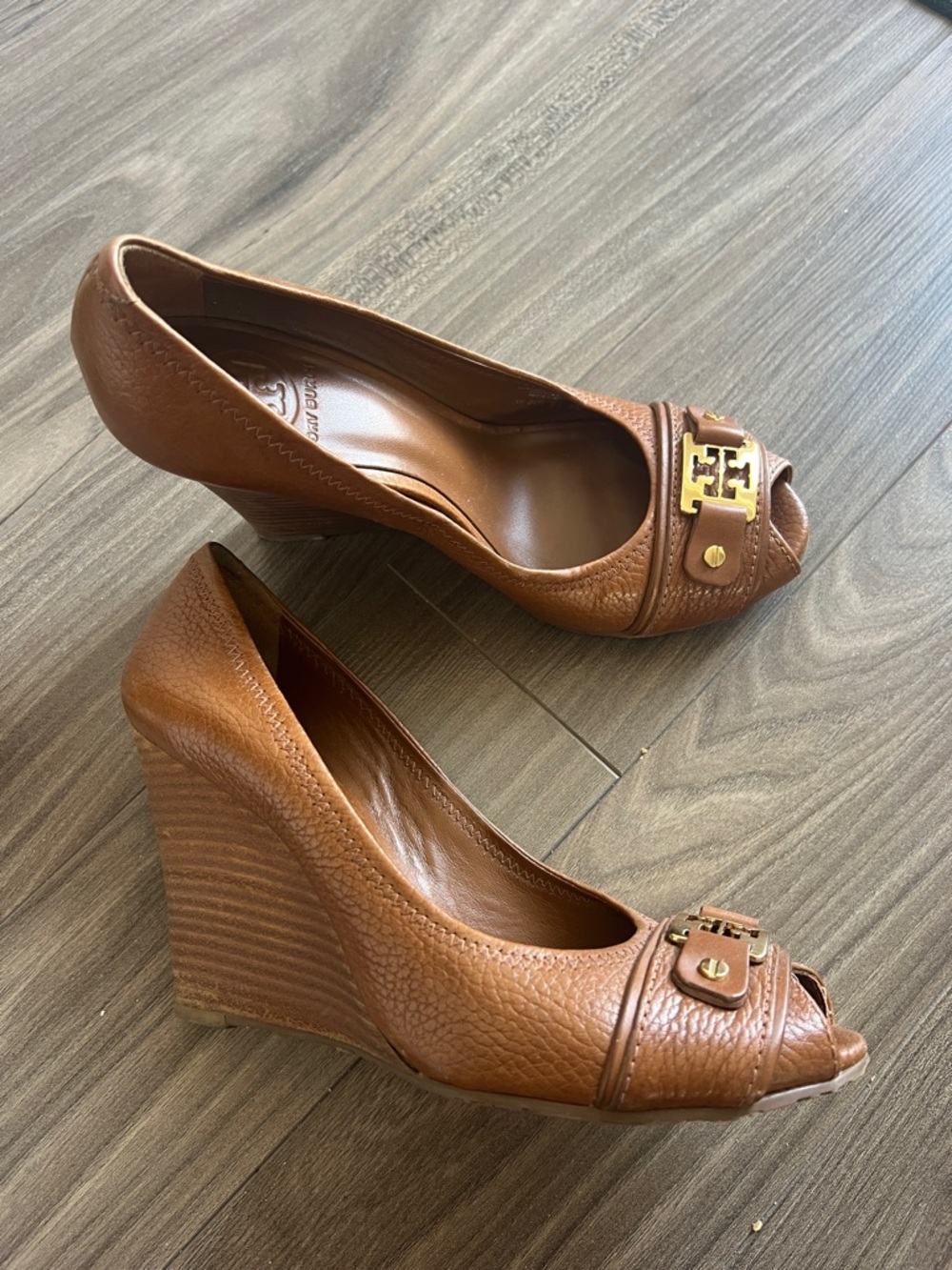 Tory Burch Brown Leather Peep-Toe Wedge Heels with Gold Logo